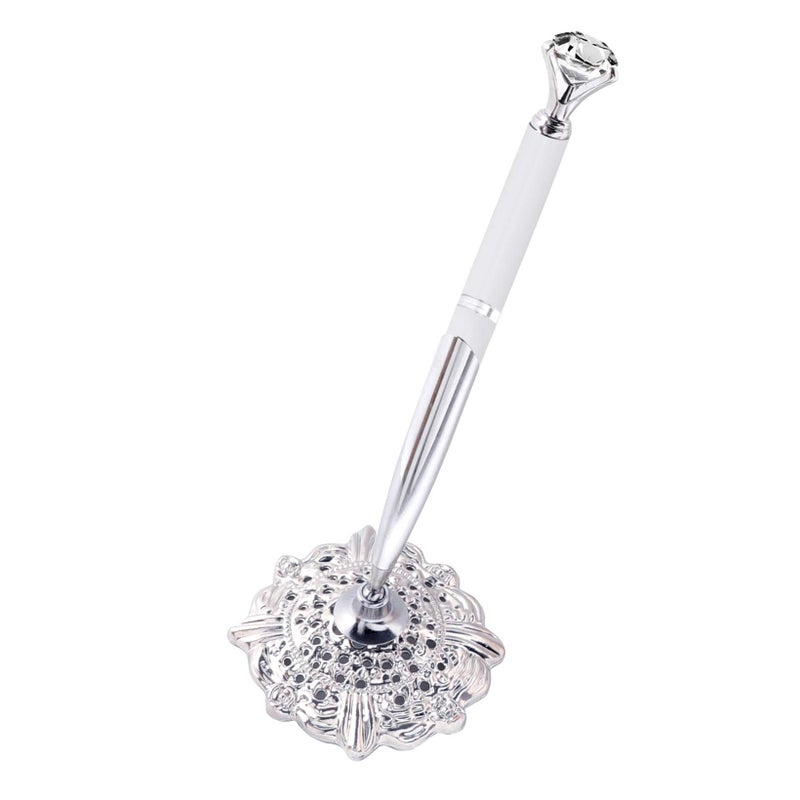 RUTICH Hollow Round Pen Holder Signing Pen Set with Big Diamond Crystal Pen for Wedding Bridal Opening Ceremony Graduation Office, Silver Holder with White Pen(Black Ink) - Image 1